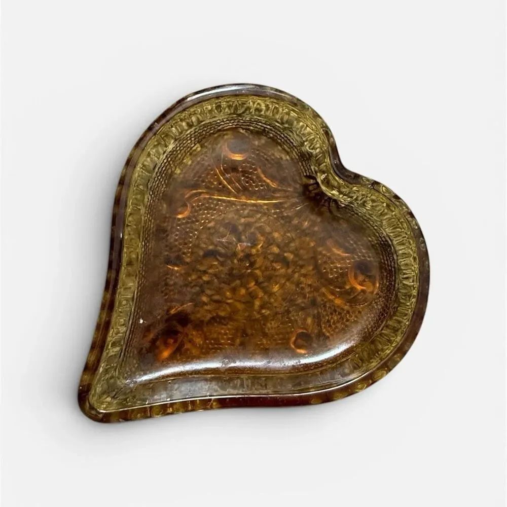 VTG MCM 70s Small Glass Amber Floral Trinket Bowl Heart Sunflower Small